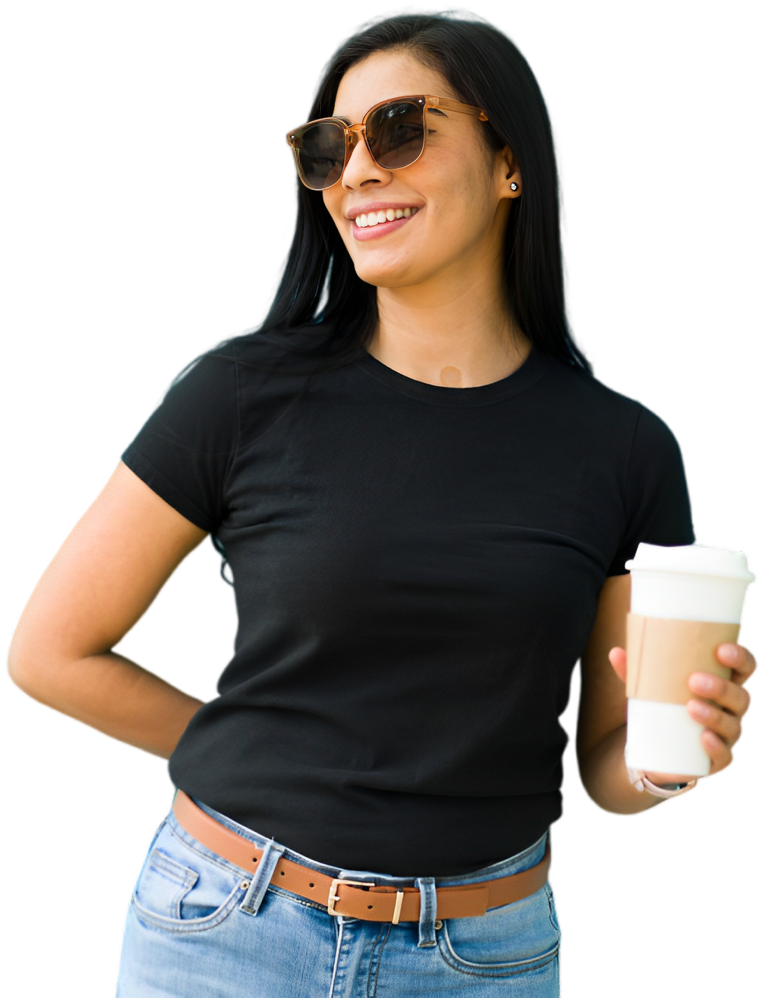 Smiling woman in sunglasses holding coffee.