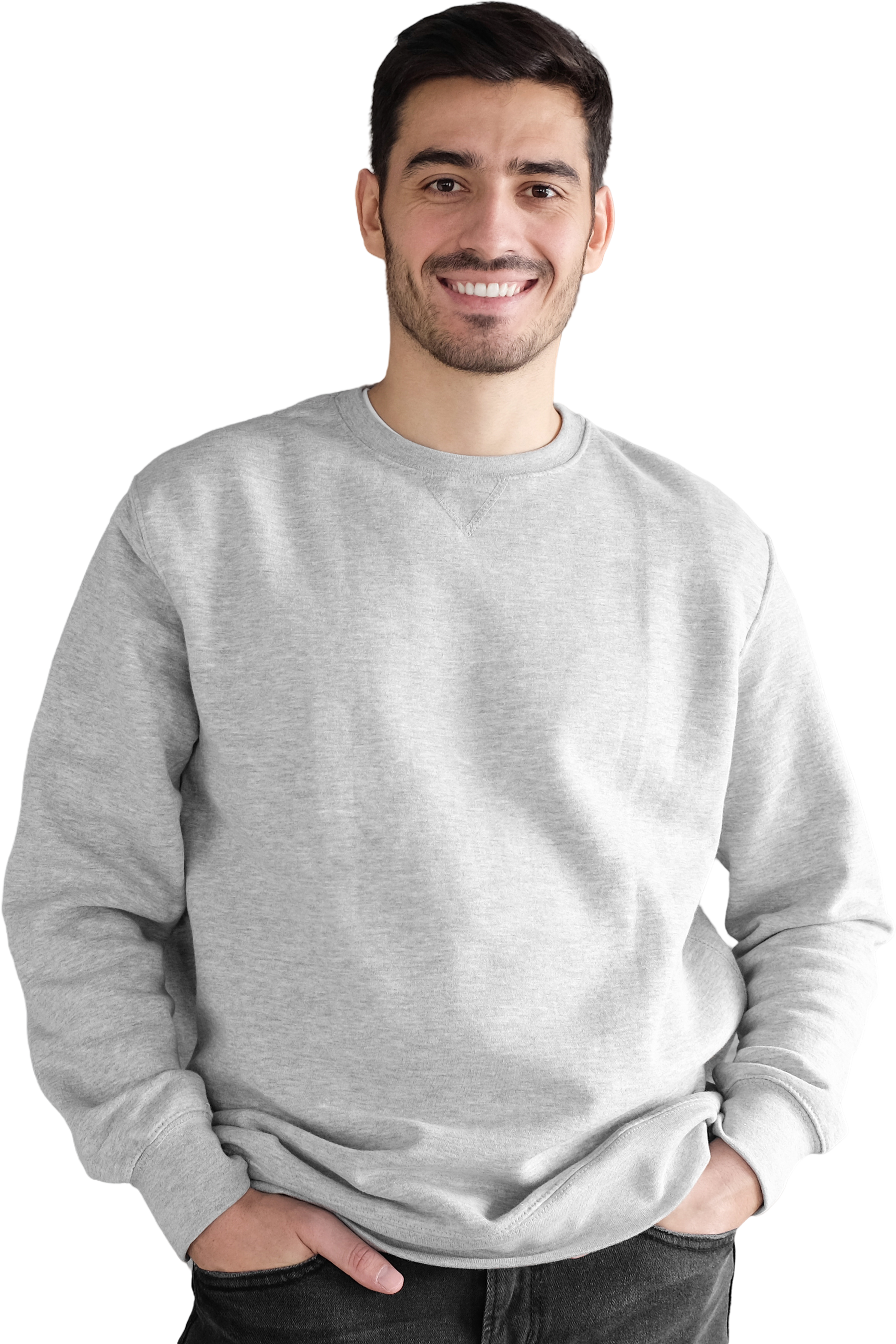 Smiling man in gray sweatshirt.
