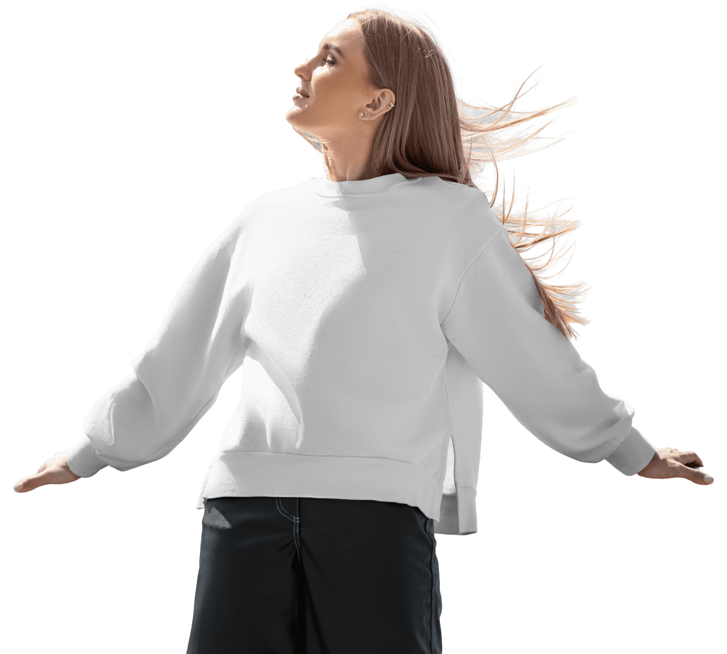Woman in white sweatshirt, hair blowing.