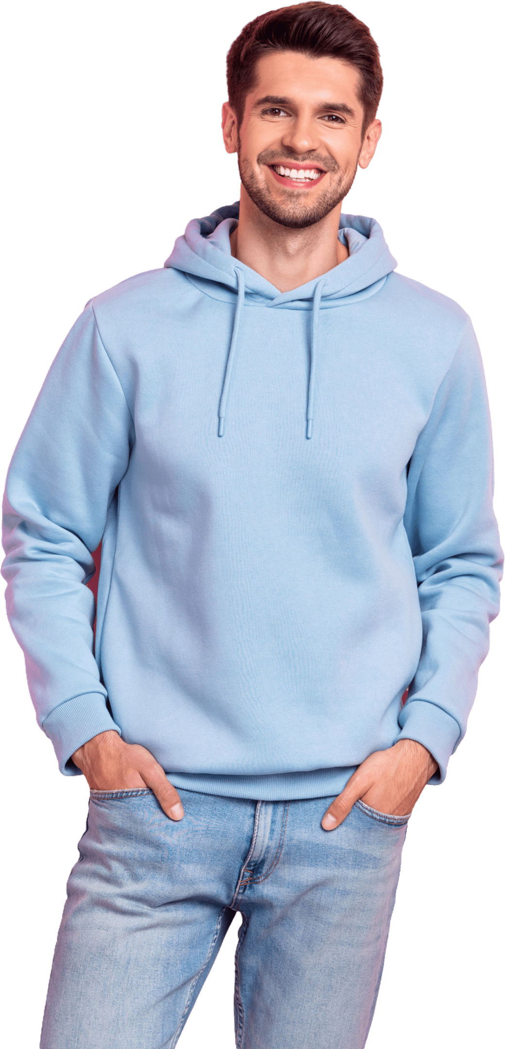 Smiling man in light blue hoodie.