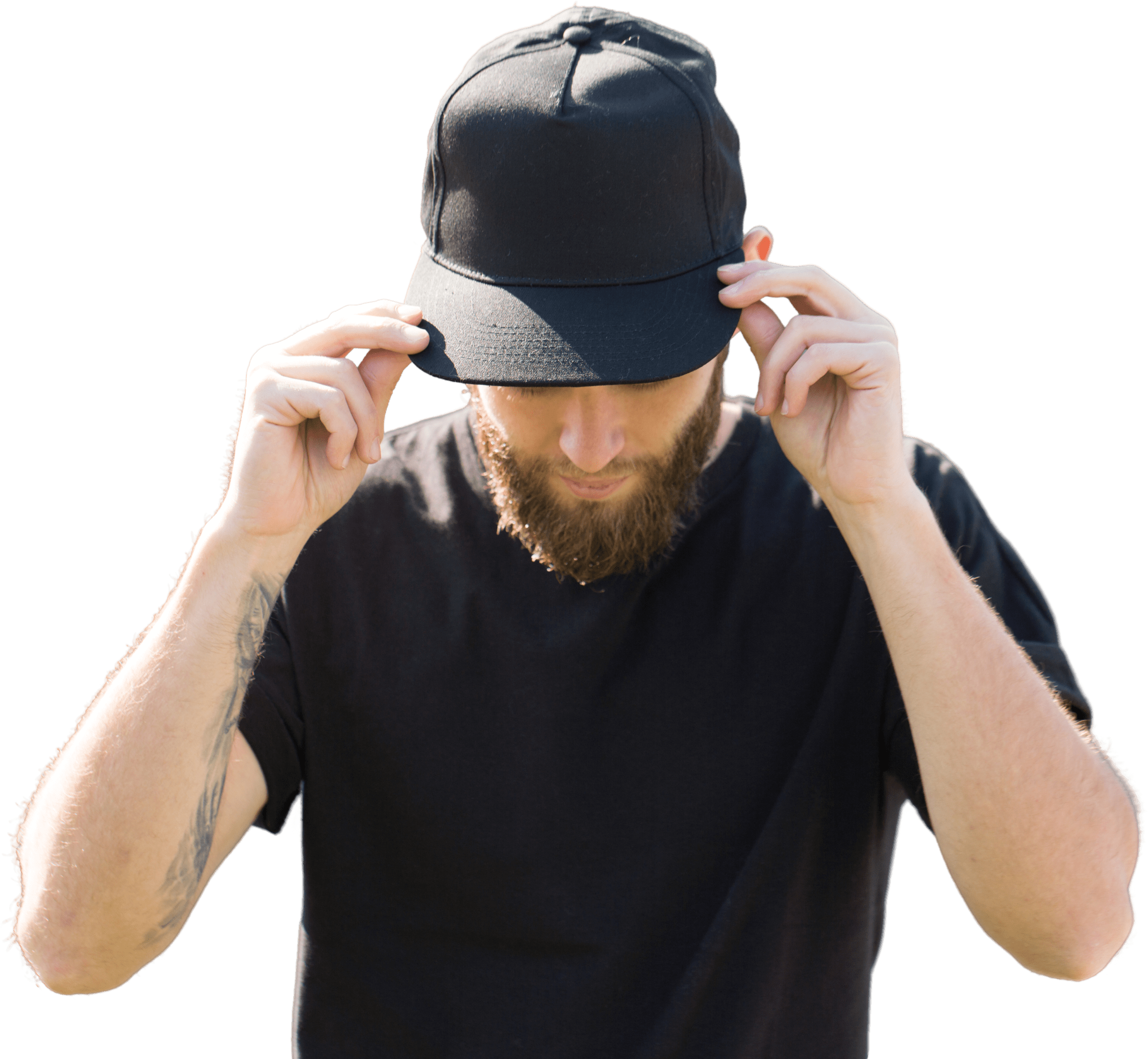 Man adjusting black baseball cap.
