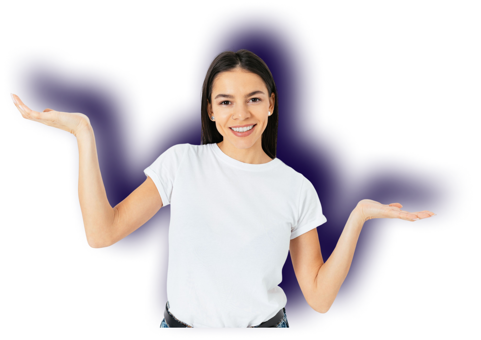Smiling woman presenting with open hands.