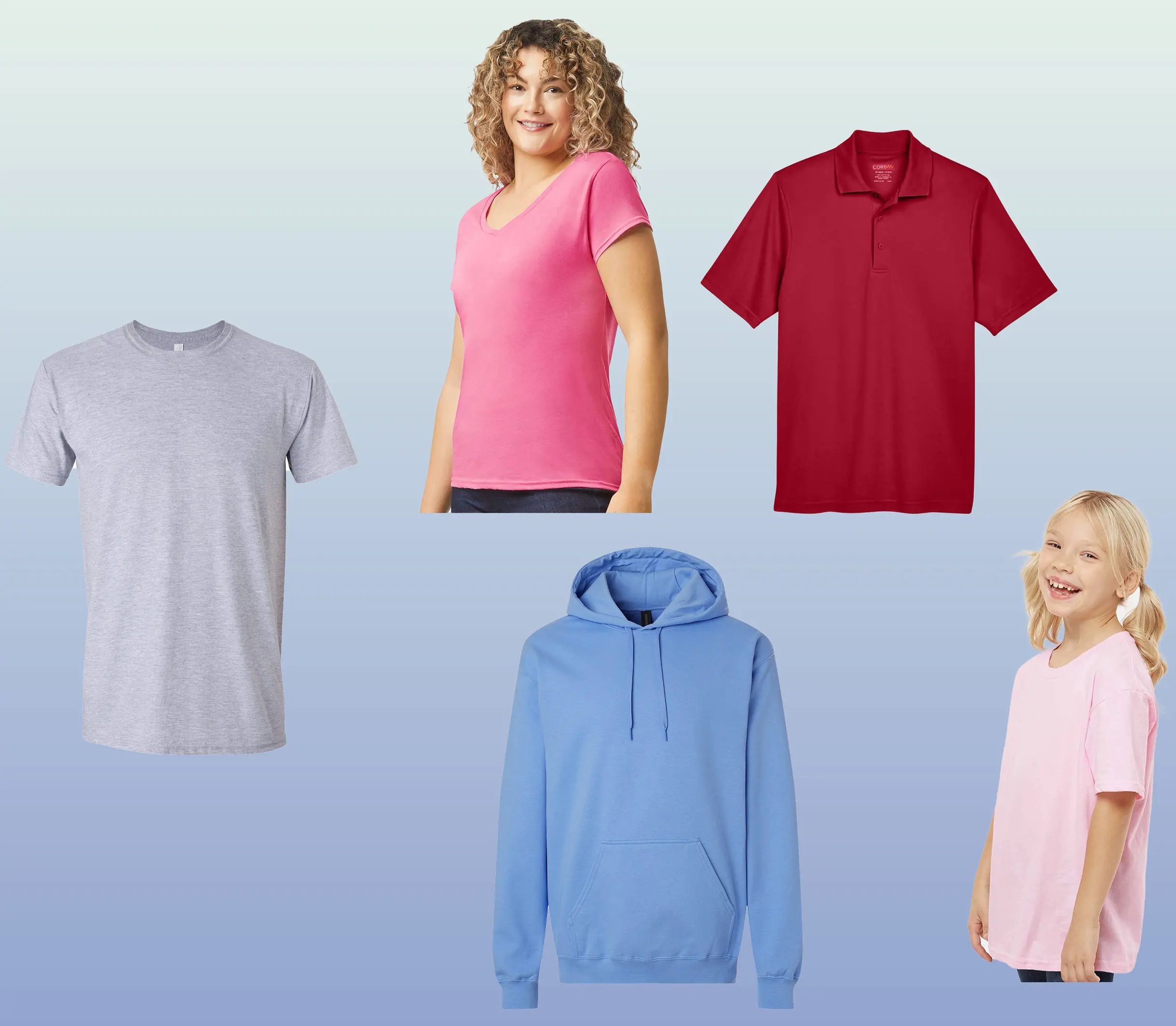 A blue background with several different colored shirts.