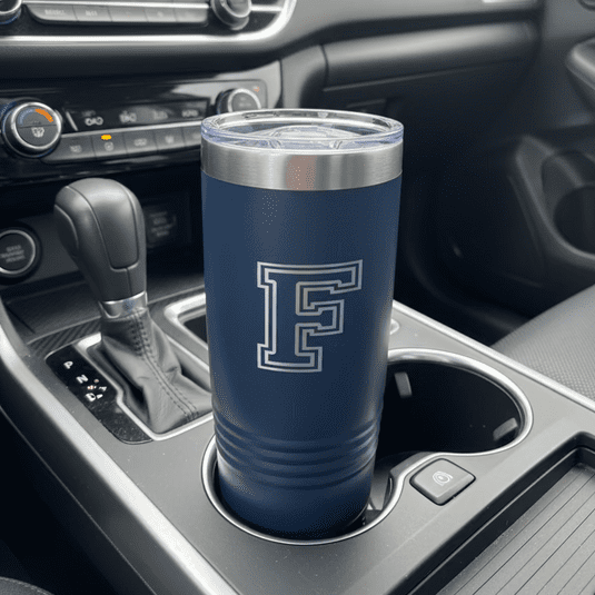 Travel mug in car cup holder.