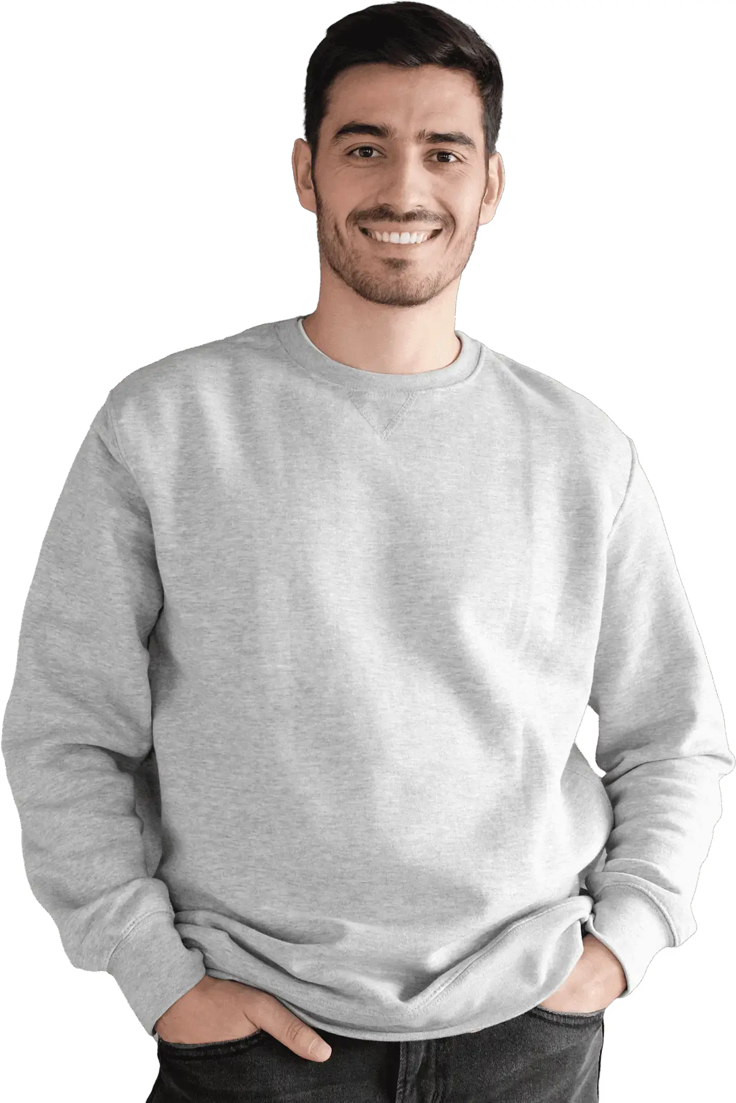 Man wearing gray sweatshirt, smiling confidently.