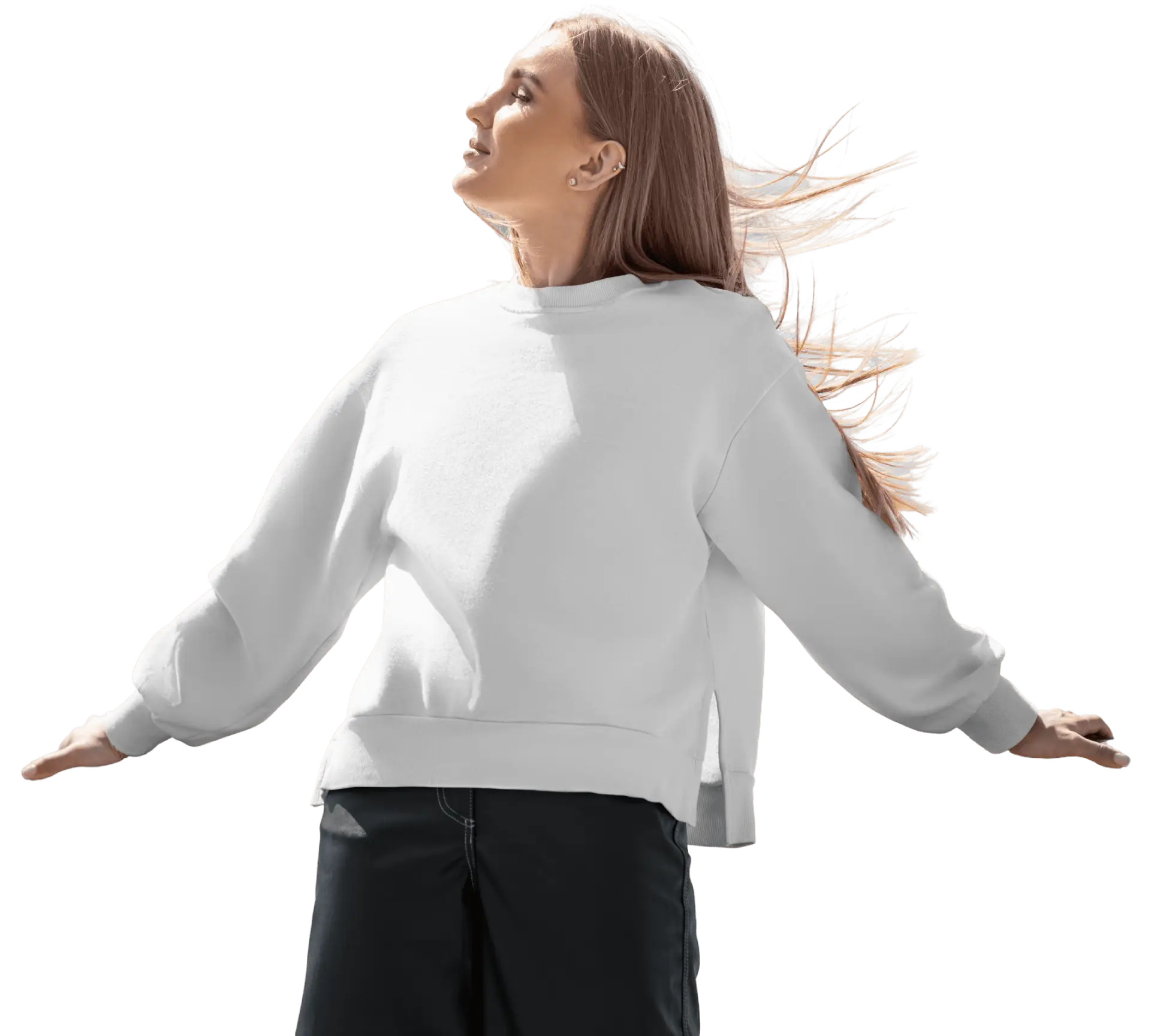 Woman in white sweater, looking upwards.