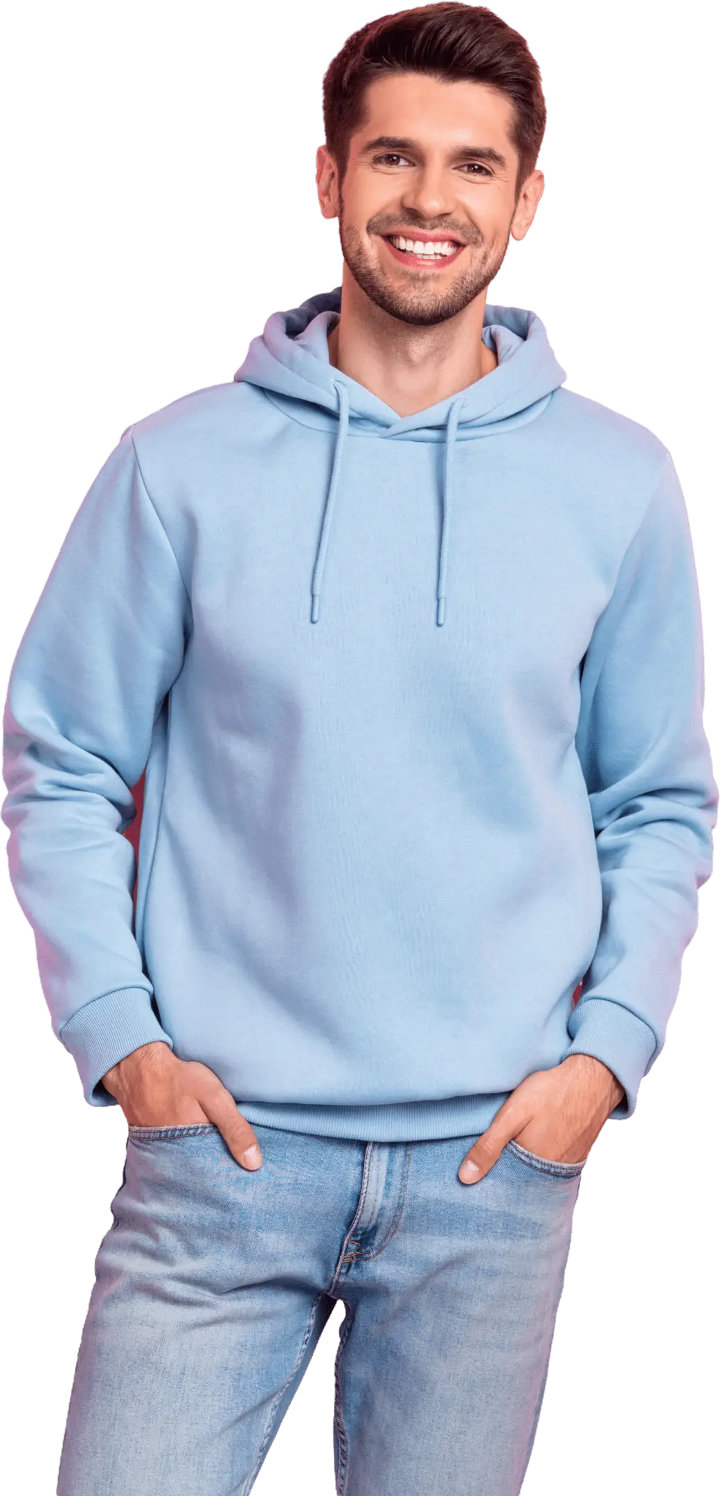 Smiling person in blue hoodie and jeans.